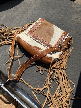 Fringed Cowhide Crossbody Bag in Brown and White